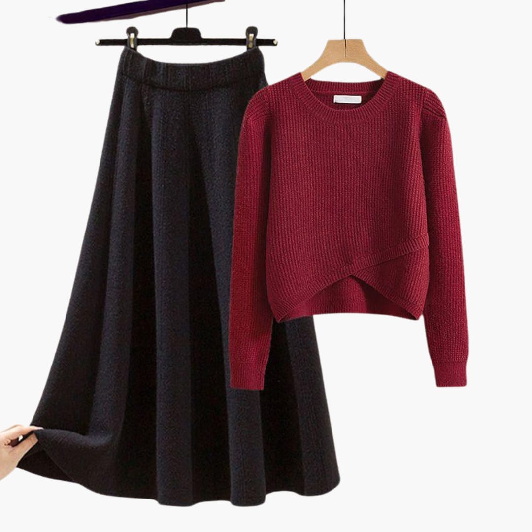 Two Piece Set with Cropped Sweater and A Line Skirt for Women