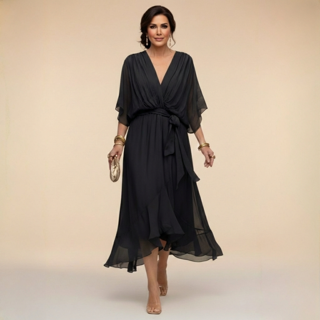Long Dress with Bow and Batwing Sleeves for Women
