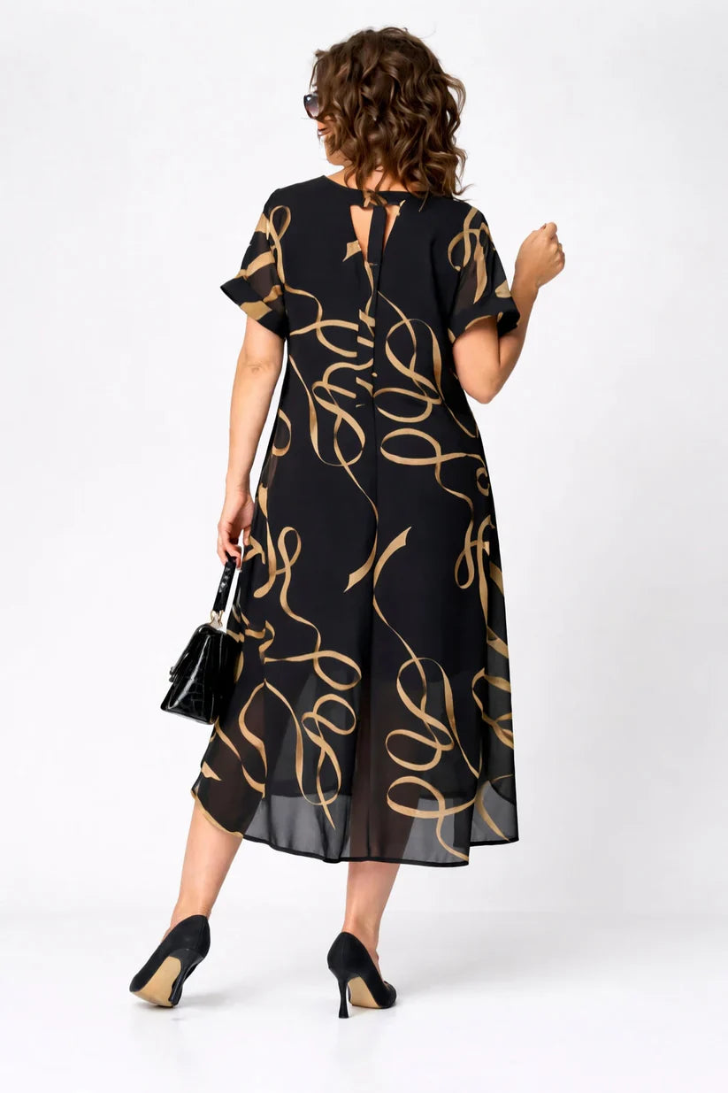 Midi Dress with Abstract Print and V-Neck for Women