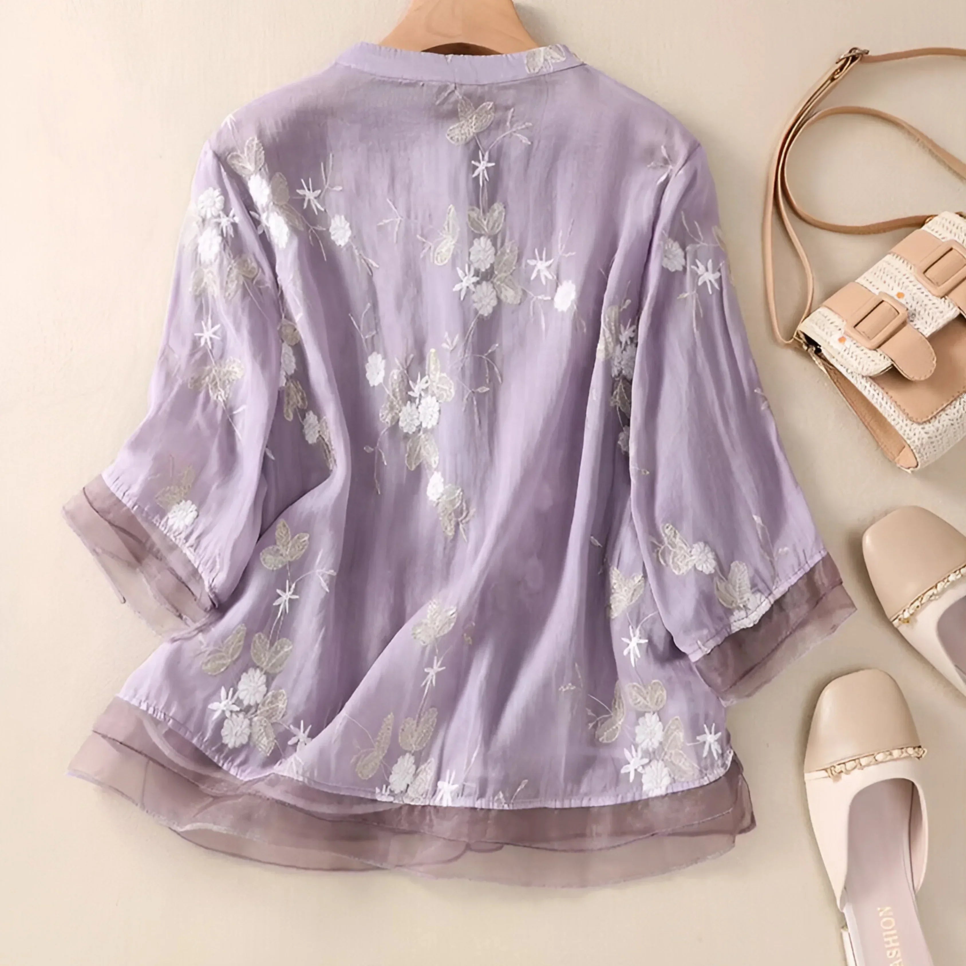 Long Sleeve Blouse for Women with Embroidery and Layered Hem