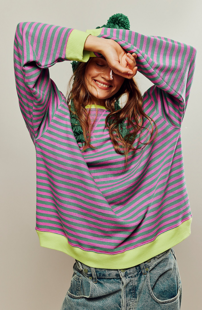 Oversized Striped Crew Neck Pullover Sweater for Women