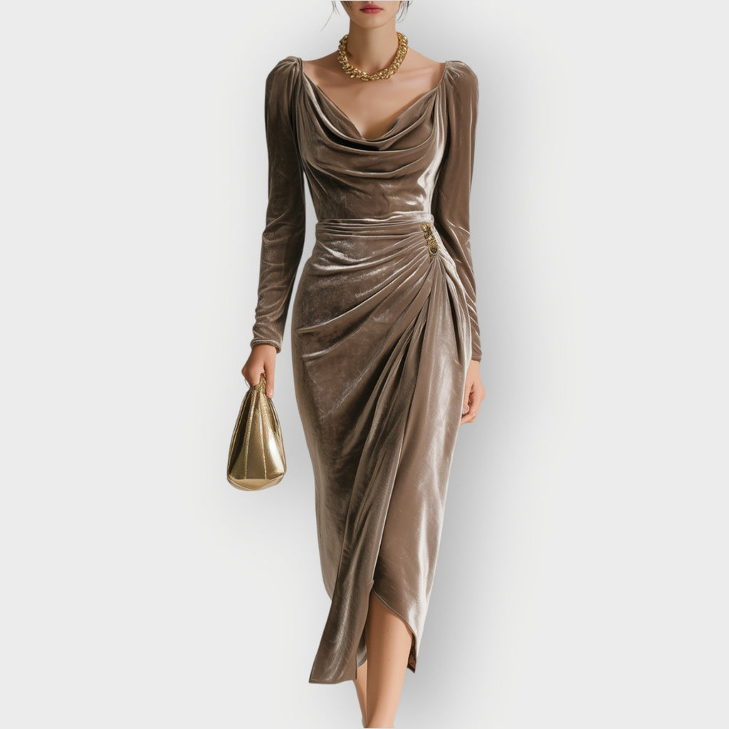 Velvet Midi Wrap Dress with Ruched Waist for Women