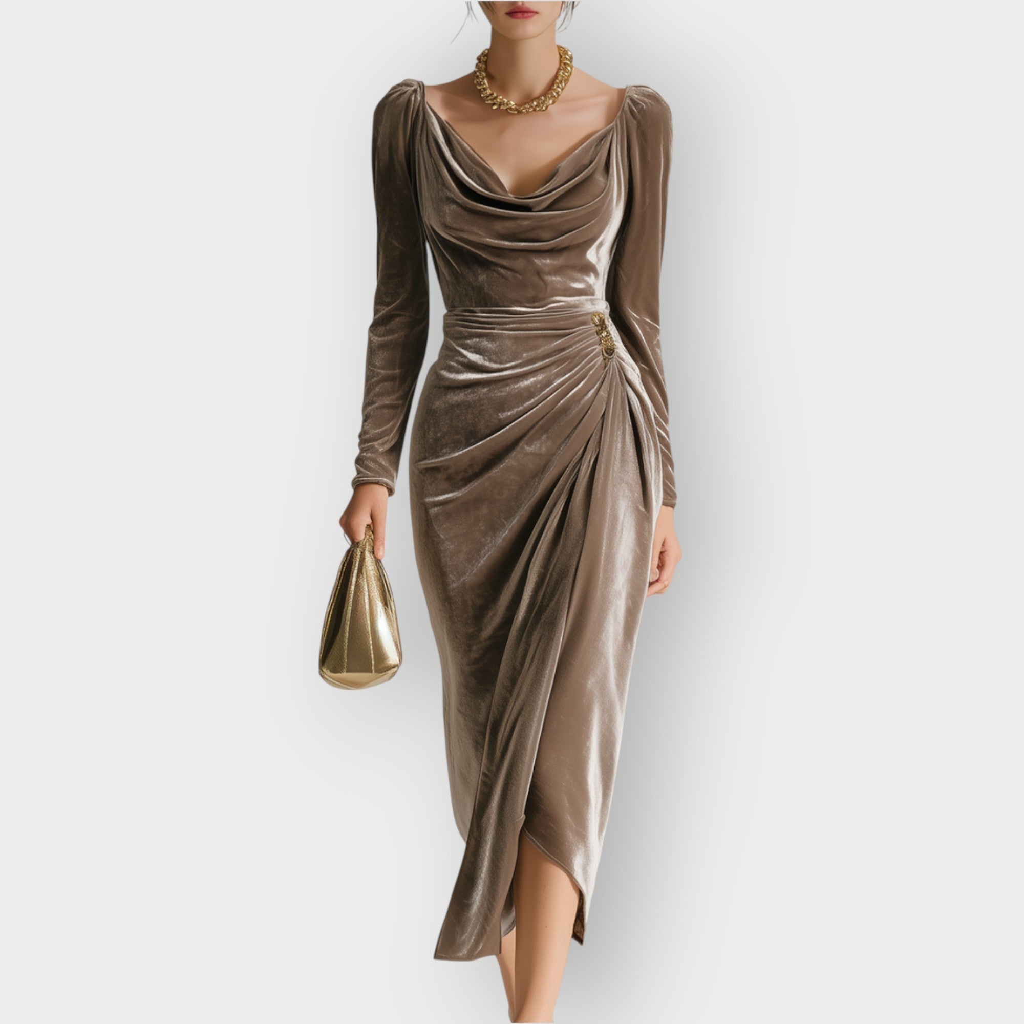 Velvet Midi Wrap Dress with Ruched Waist for Women