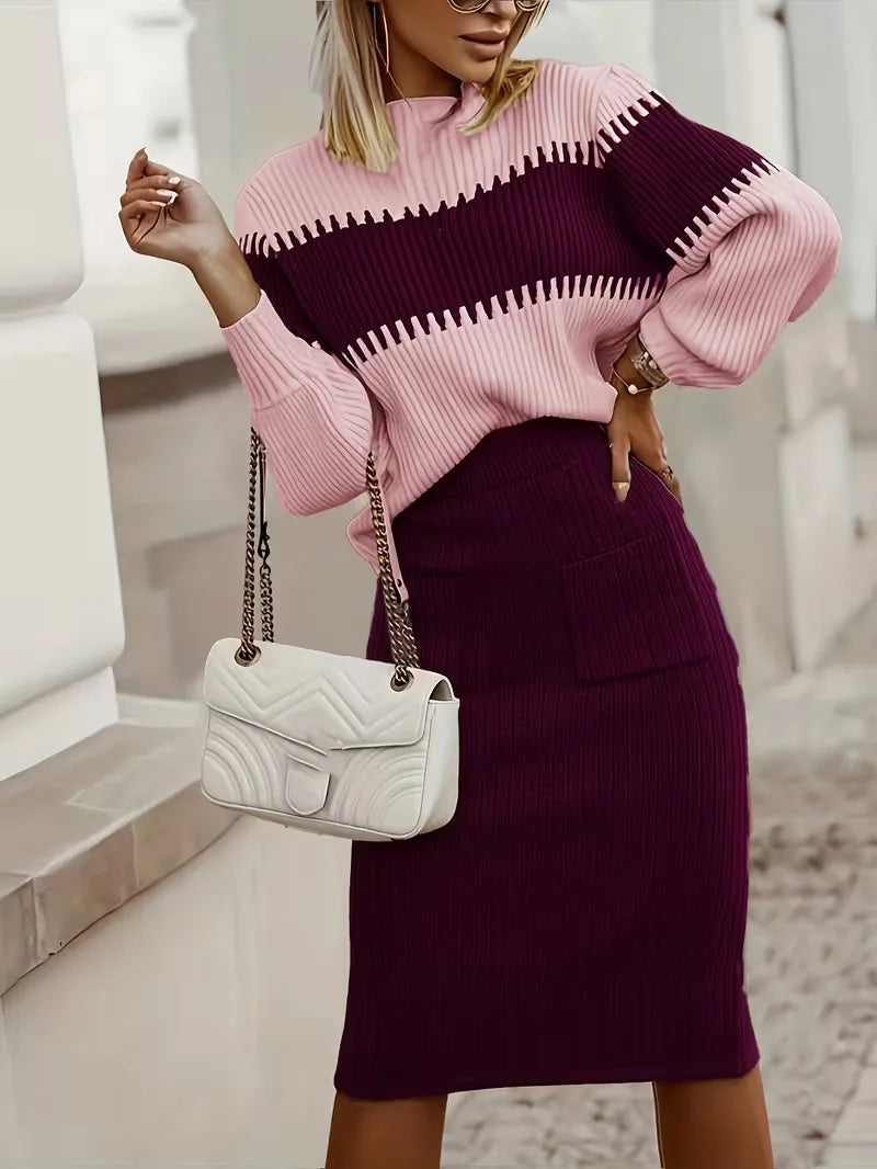 High Waisted Midi Skirt and Oversized Sweater Ribbed Knit Set for Women