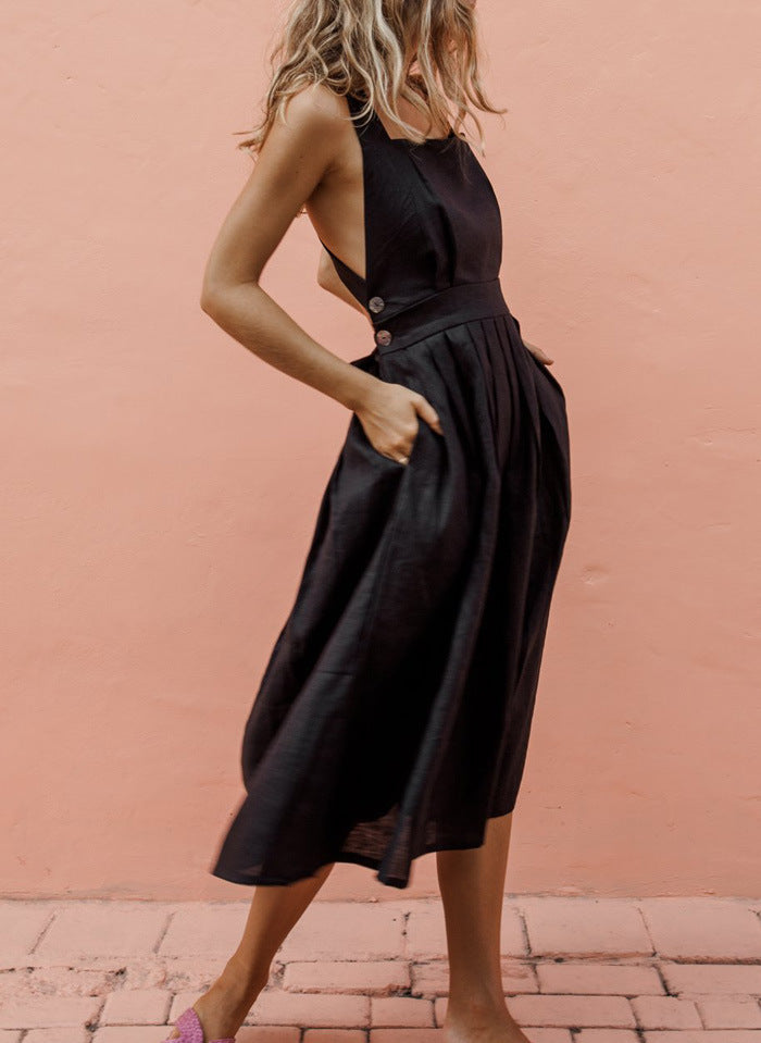Midi Dress with Back Strap and Button Detail for Women