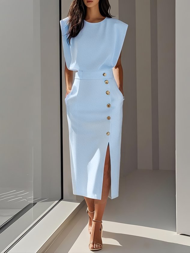 Midi Dress with Round Neck and Buttons for Women | Ideal for Summer