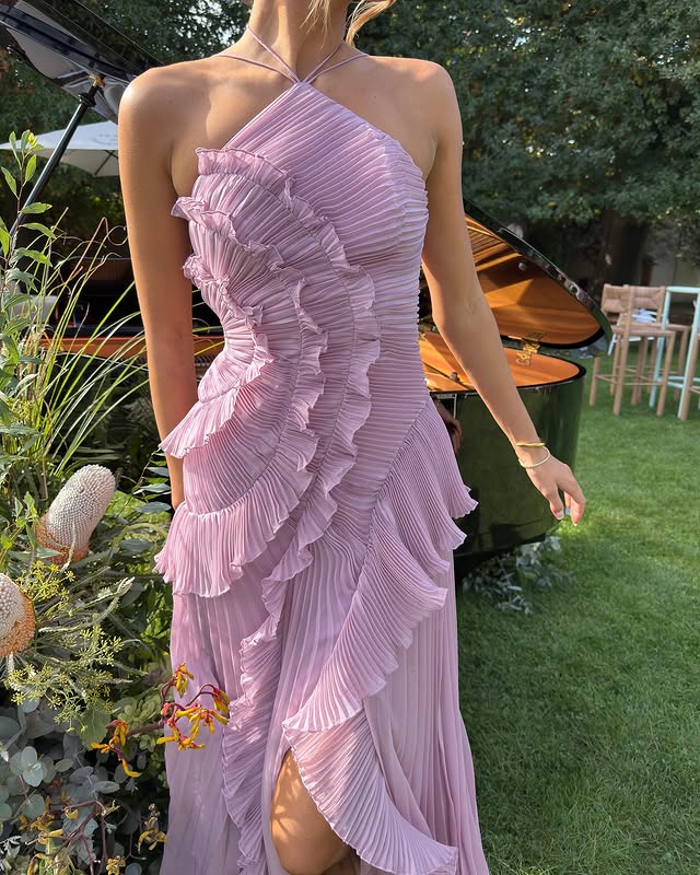 Maxi Chiffon Dress with Ruffles and Halter Neckline for Women