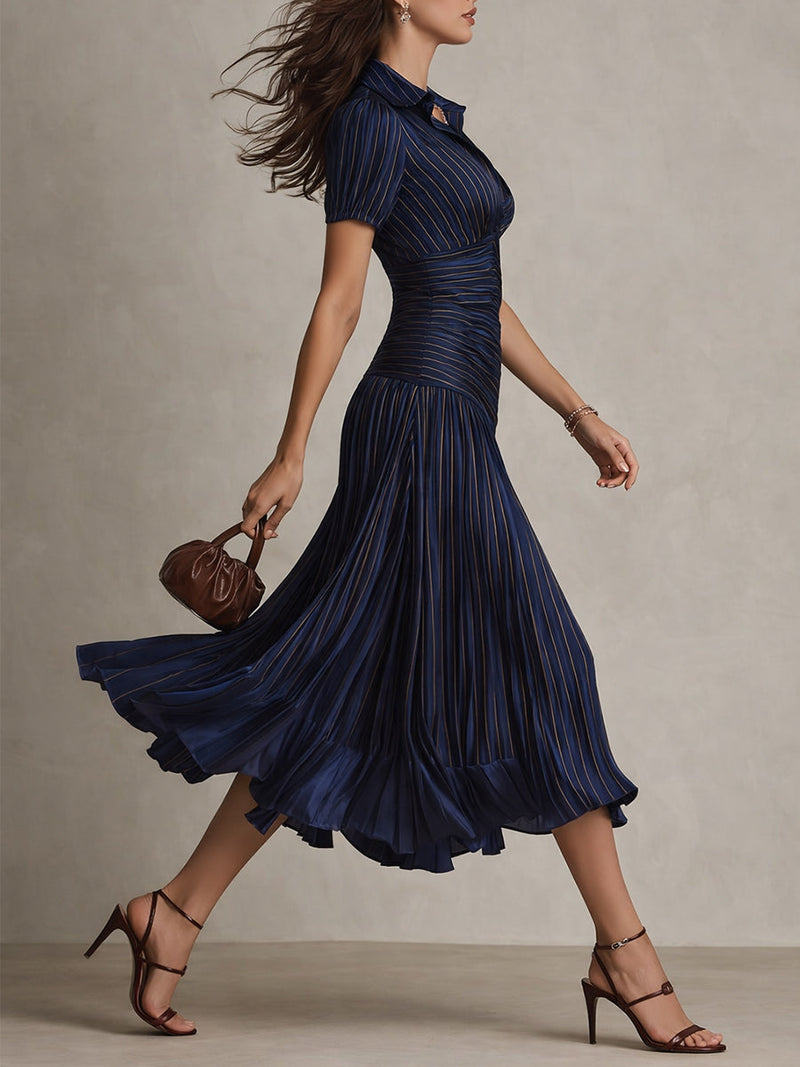 Satin Striped Pleated Midi Dress with Collared V Neck for Women