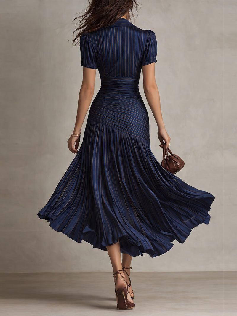 Satin Striped Pleated Midi Dress with Collared V Neck for Women