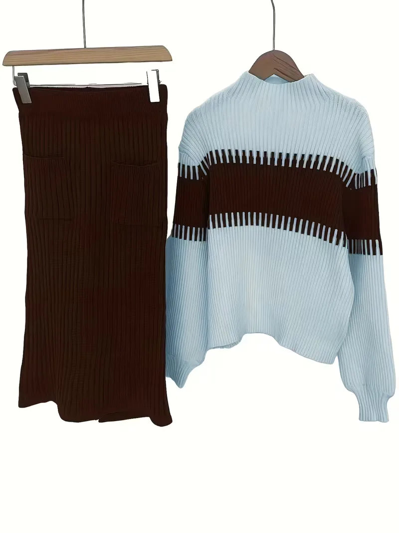 High Waisted Midi Skirt and Oversized Sweater Ribbed Knit Set for Women