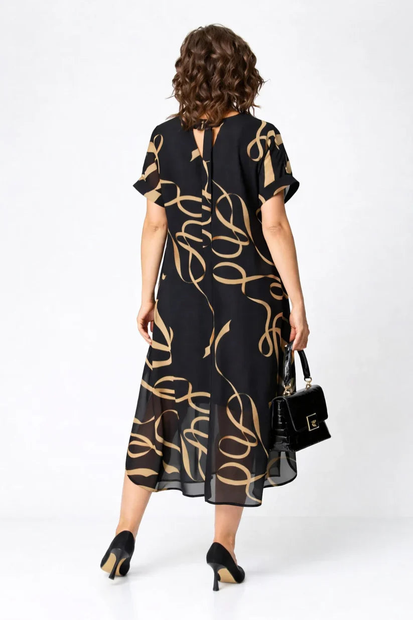 Midi Dress with Abstract Print and V-Neck for Women