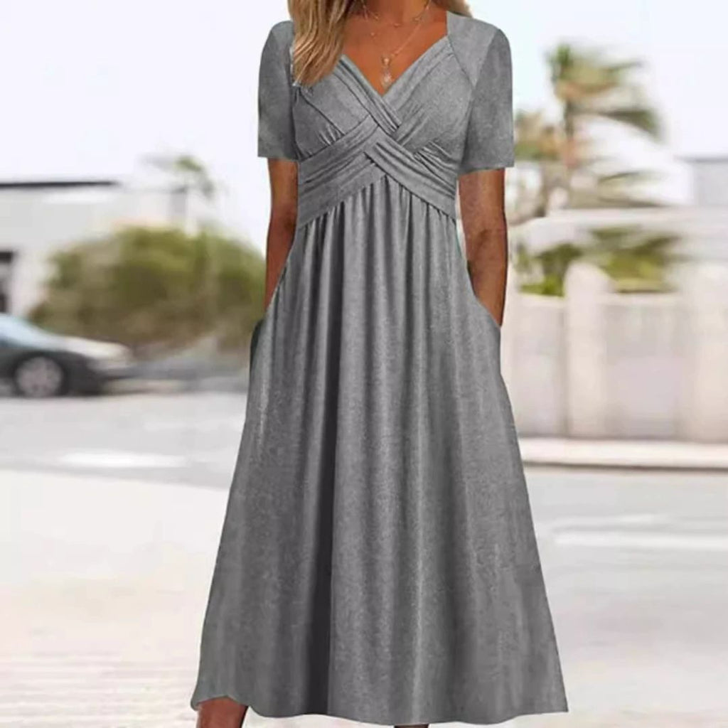 Maxi Dress with Short Sleeves for Women with V-Neck and Pockets
