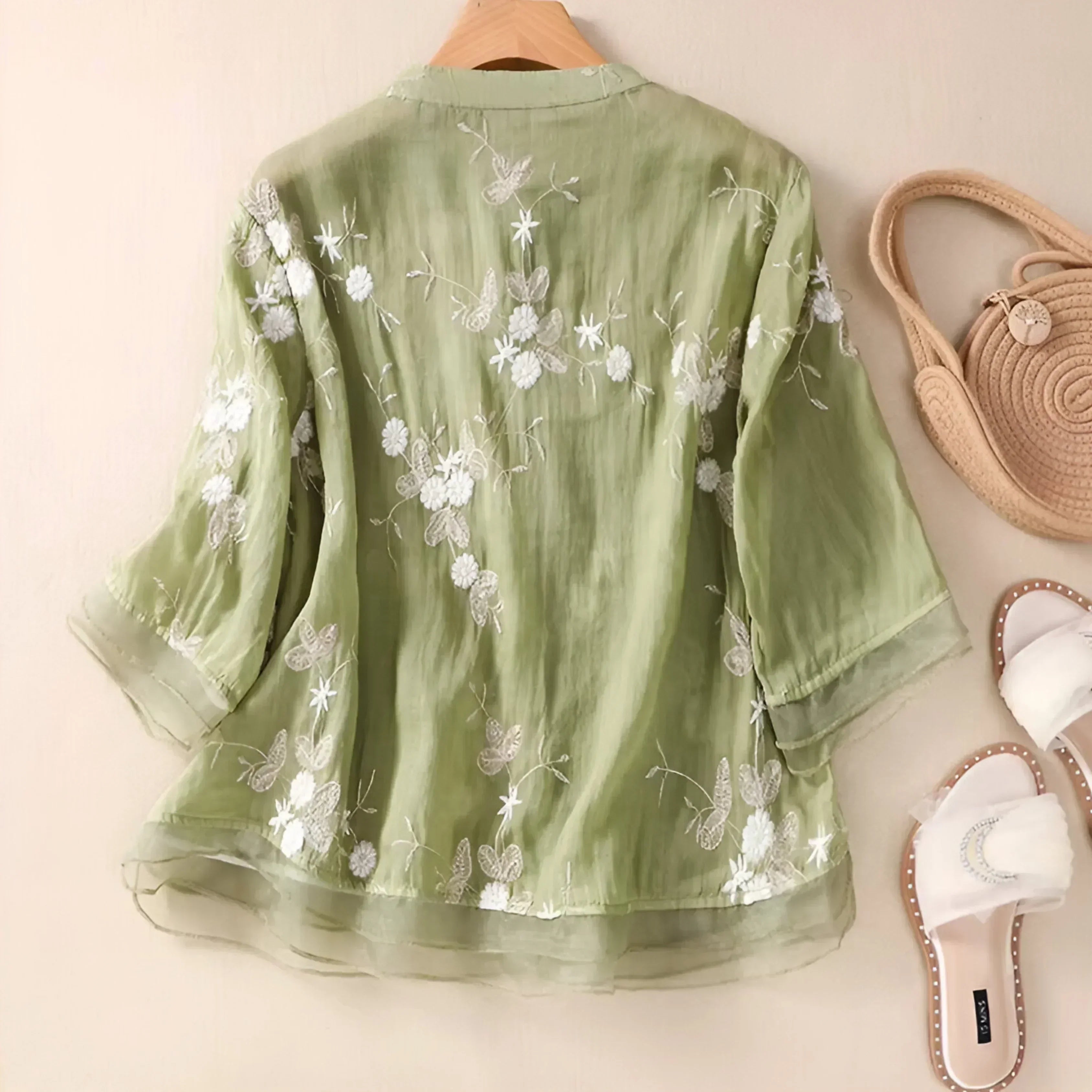 Long Sleeve Blouse for Women with Embroidery and Layered Hem