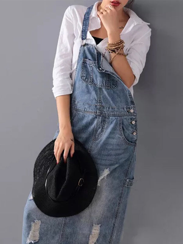 Denim Dress with Straps and Distressed Details for Women
