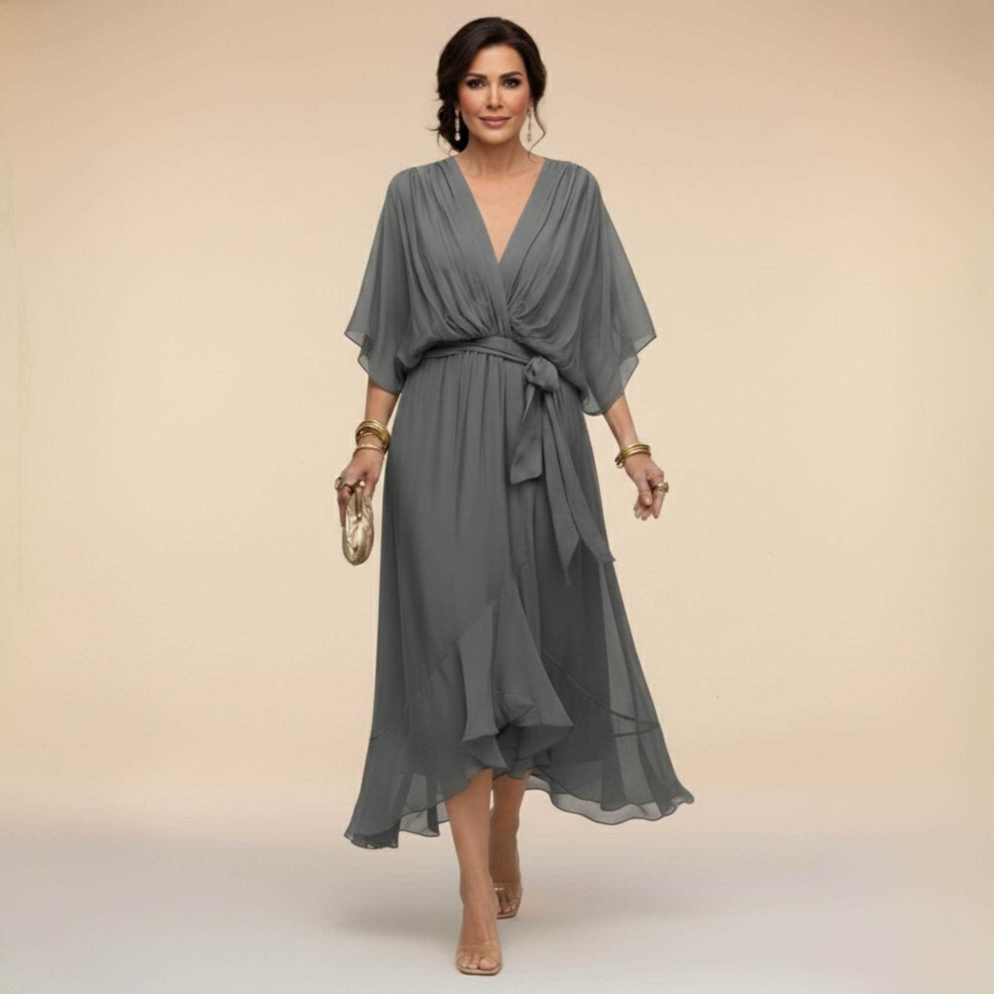 Long Chiffon Dress with Bow for Women