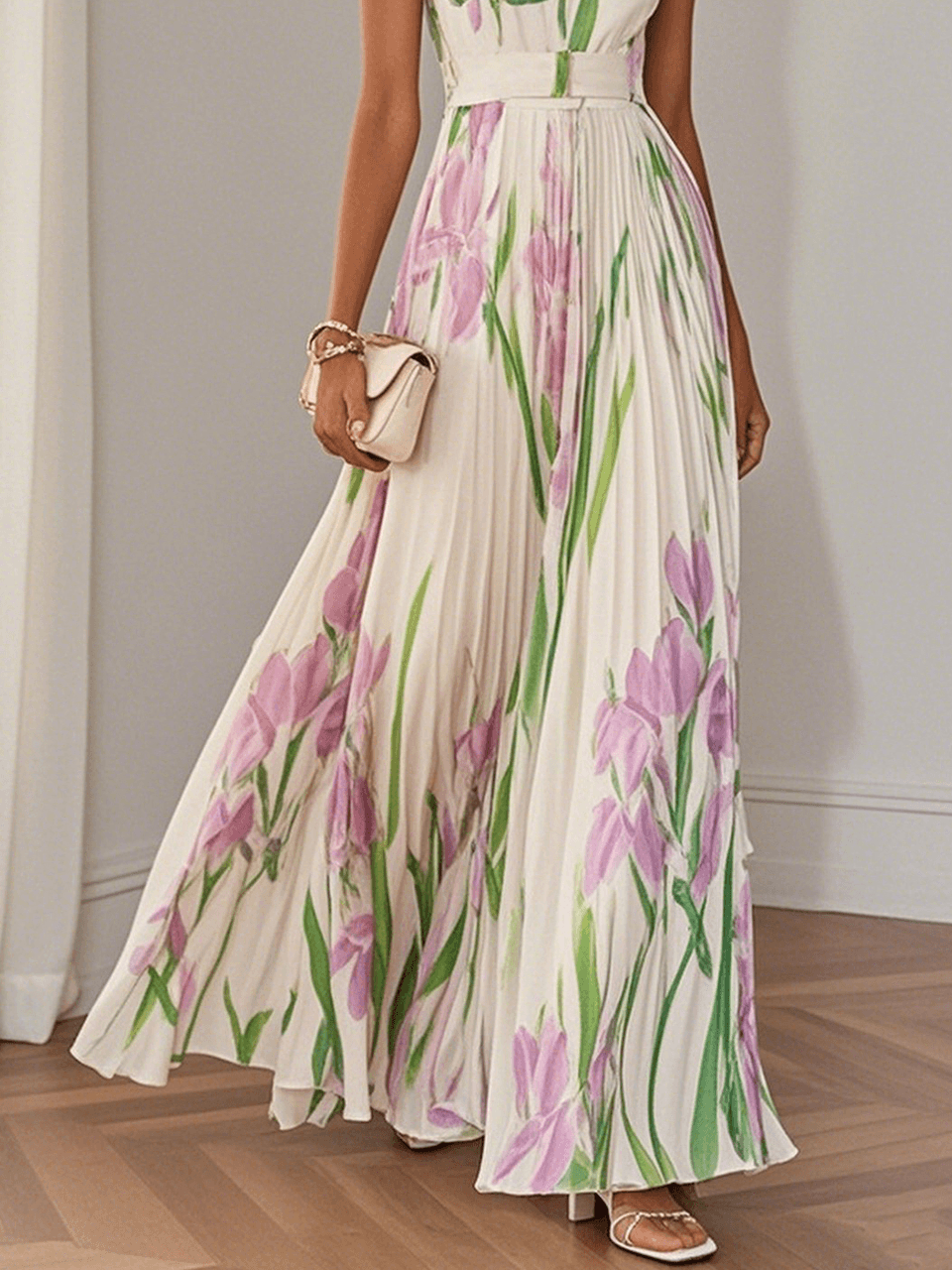 Women's Pleated Maxi Dress with Square Neckline | Perfect for Summer