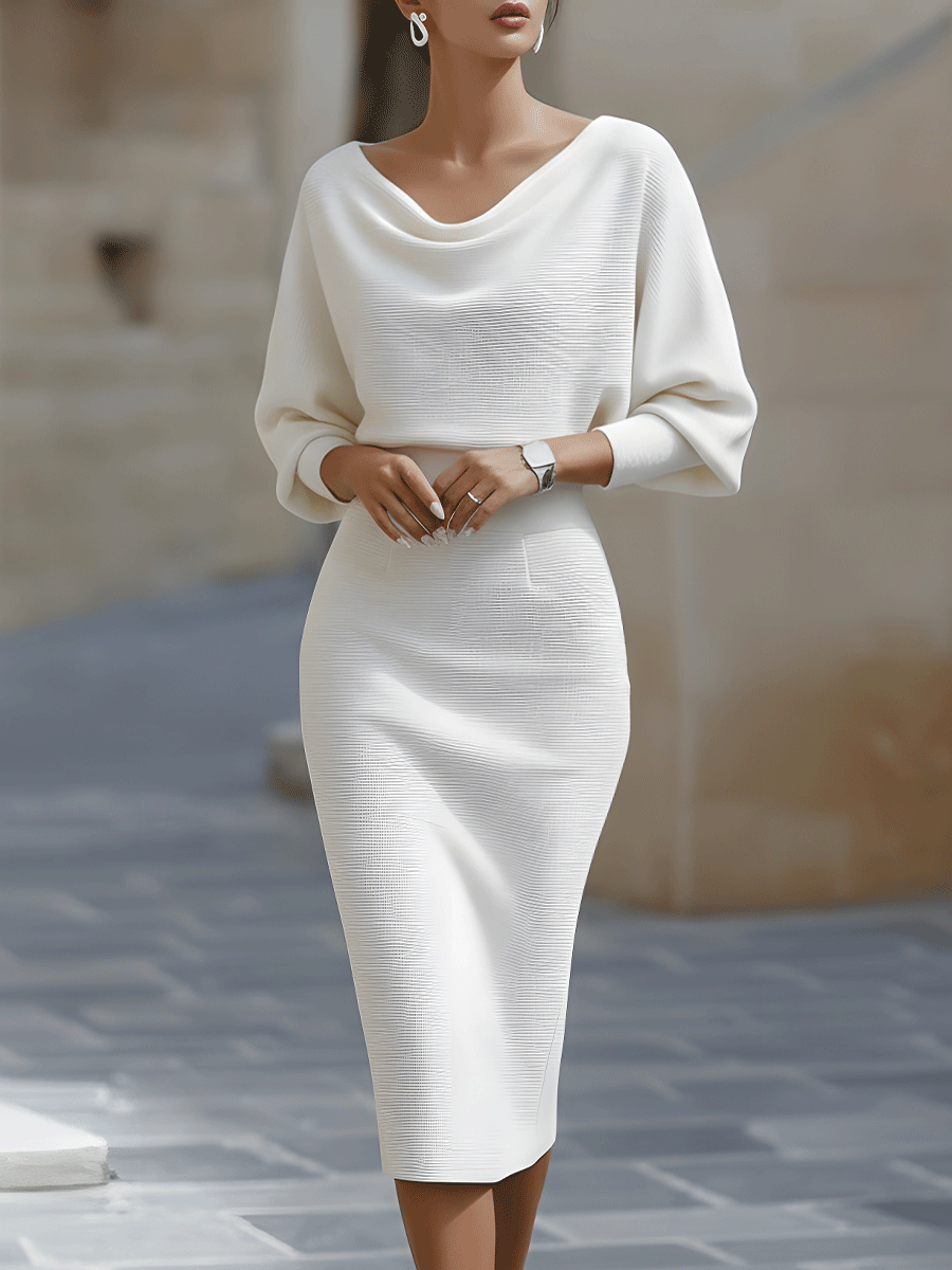 Batwing Sleeve Ribbed Knit Sweater Midi Dress for Women