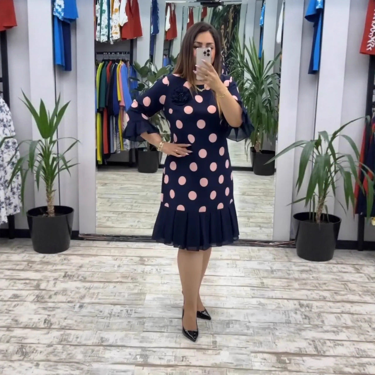 Pleated Polka Dot Dress for Women