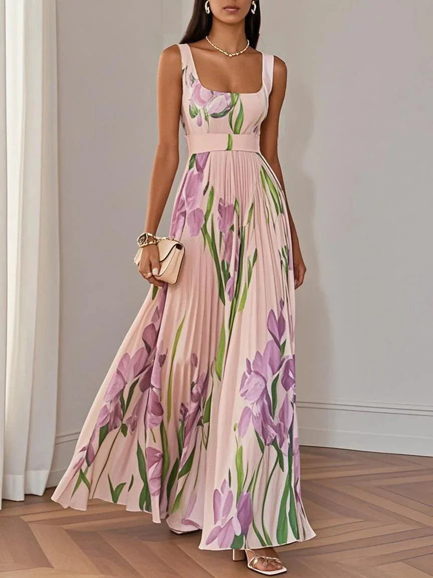 Women's Pleated Maxi Dress with Square Neckline | Perfect for Summer