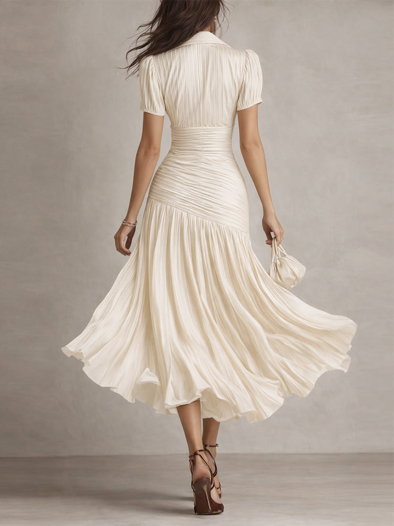 Satin Striped Pleated Midi Dress with Collared V Neck for Women