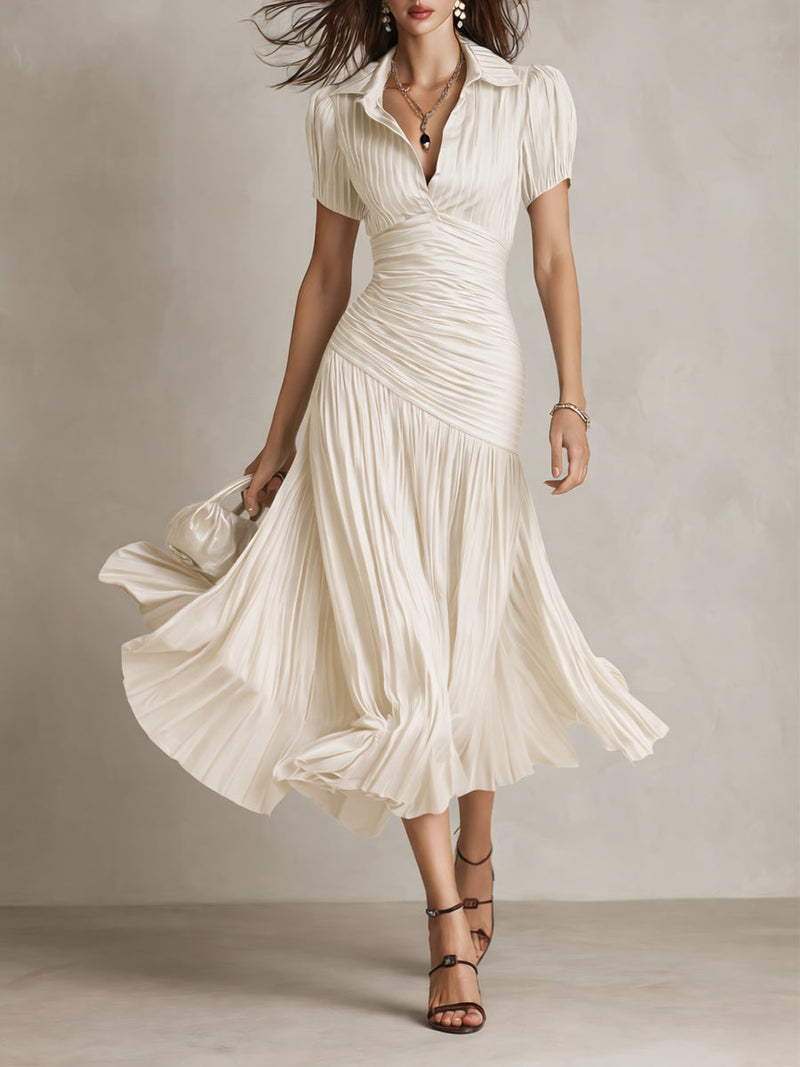Satin Striped Pleated Midi Dress with Collared V Neck for Women