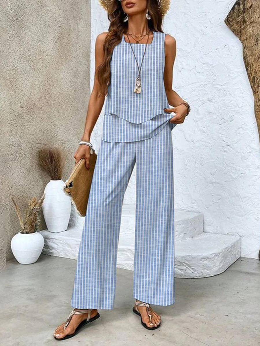 Two-Piece Sleeveless Set for Women with Wide-Leg Pants with Pattern
