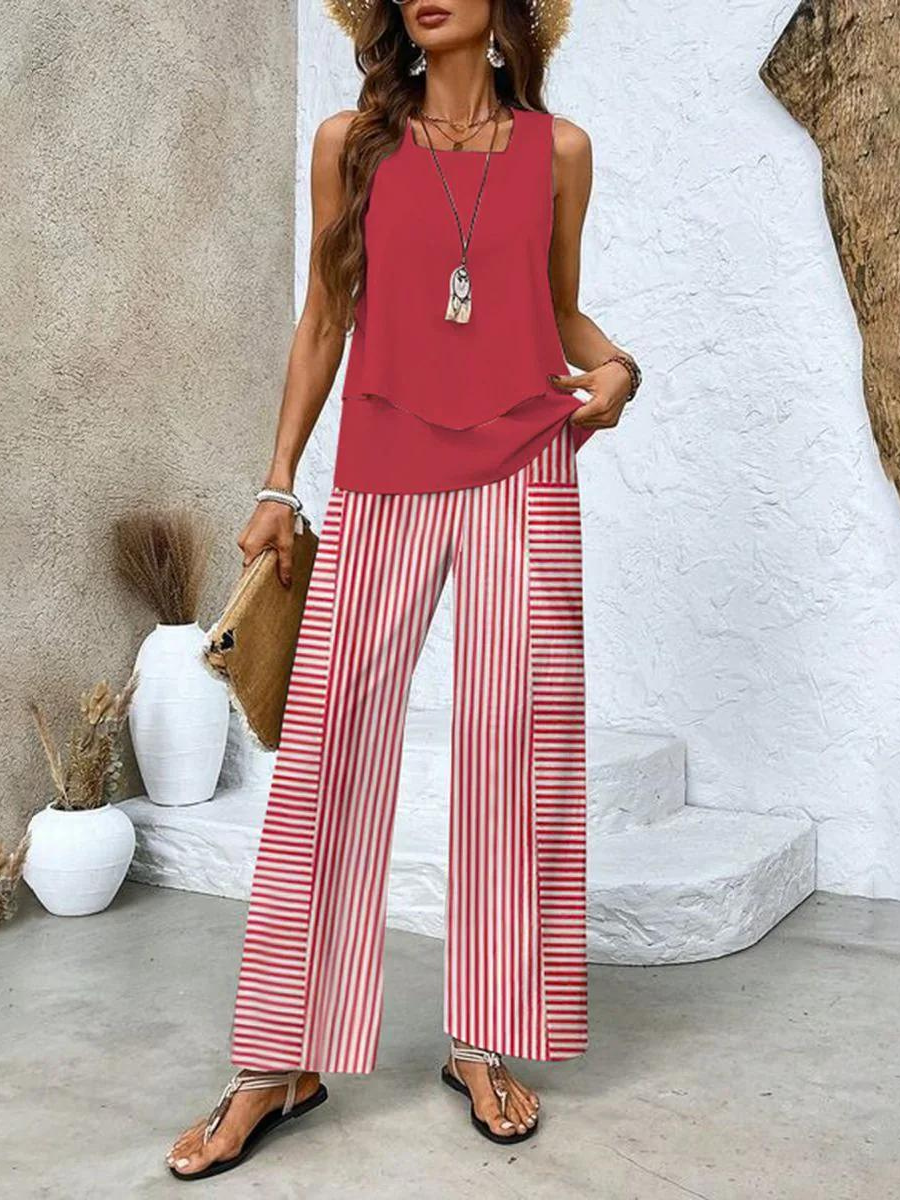 Two-Piece Sleeveless Set for Women with Wide-Leg Pants with Pattern