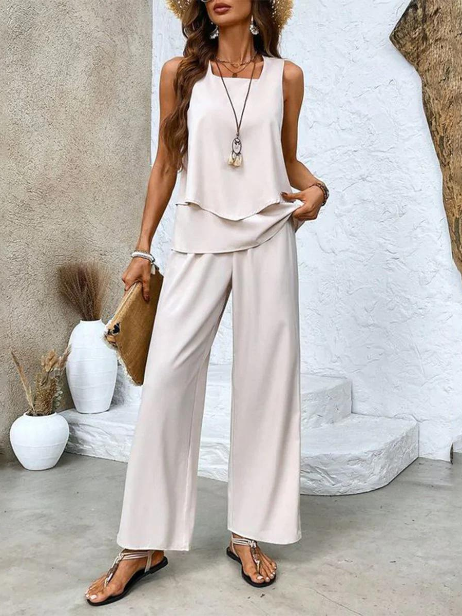 Two-Piece Sleeveless Set for Women with Wide-Leg Pants with Pattern