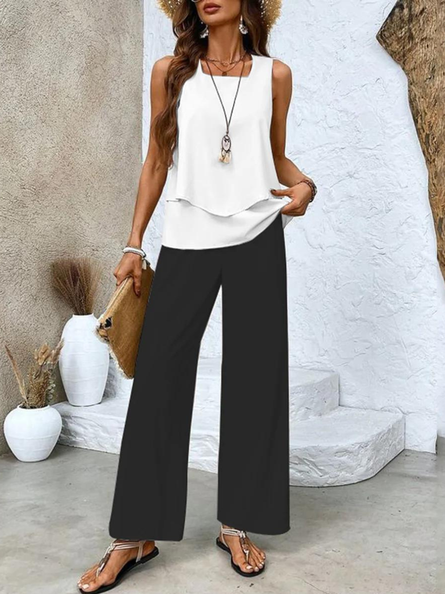 Two-Piece Sleeveless Set for Women with Wide-Leg Pants with Pattern