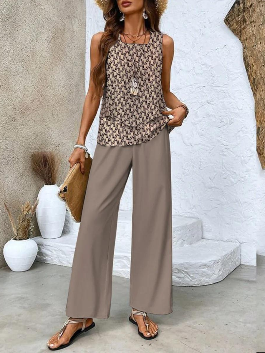 Two-Piece Sleeveless Set for Women with Wide-Leg Pants with Pattern