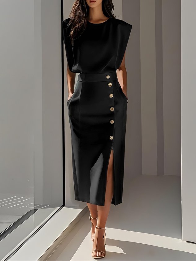 Midi Dress with Round Neck and Buttons for Women | Ideal for Summer