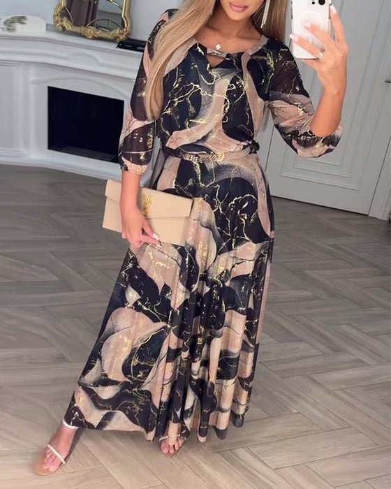 Long Dress with 3D Print and Puff Sleeves for Women