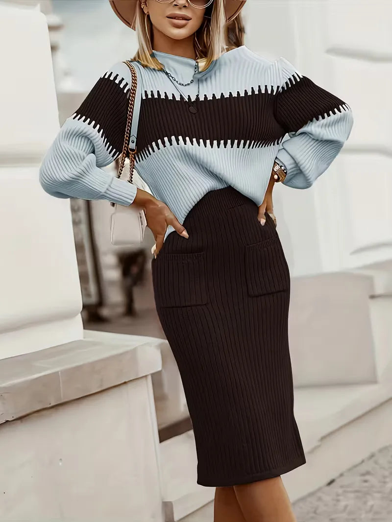 High Waisted Midi Skirt and Oversized Sweater Ribbed Knit Set for Women