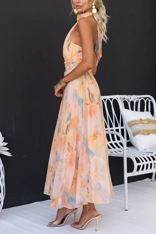 Maxi Dress Without Sleeves with Halter Neck Design and Floral Print