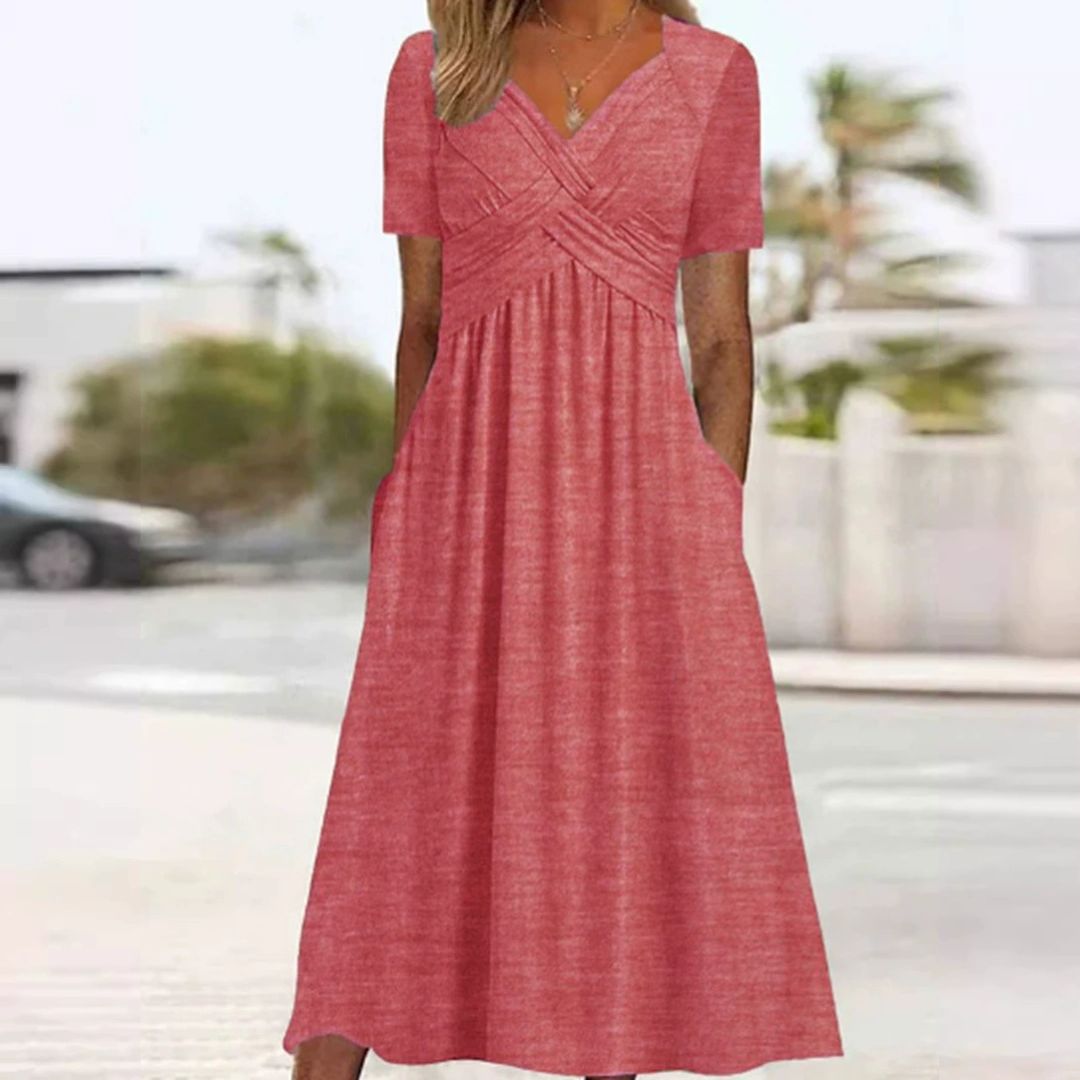 Maxi Dress with Short Sleeves for Women with V-Neck and Pockets