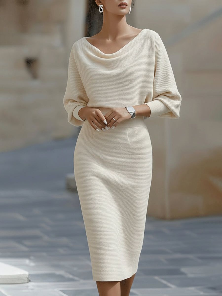 Batwing Sleeve Ribbed Knit Sweater Midi Dress for Women
