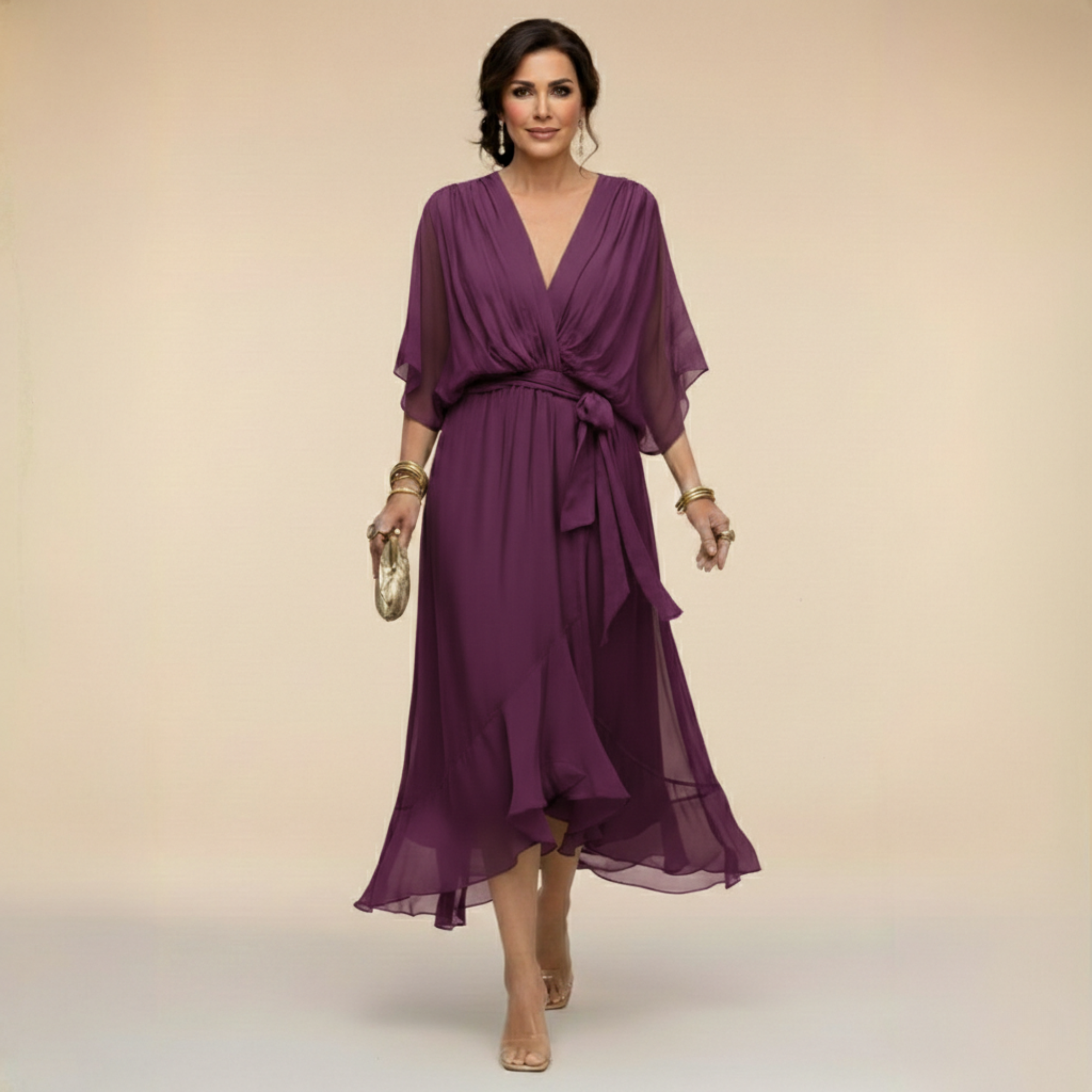 Long Chiffon Dress with Bow for Women