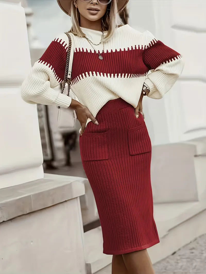 High Waisted Midi Skirt and Oversized Sweater Ribbed Knit Set for Women