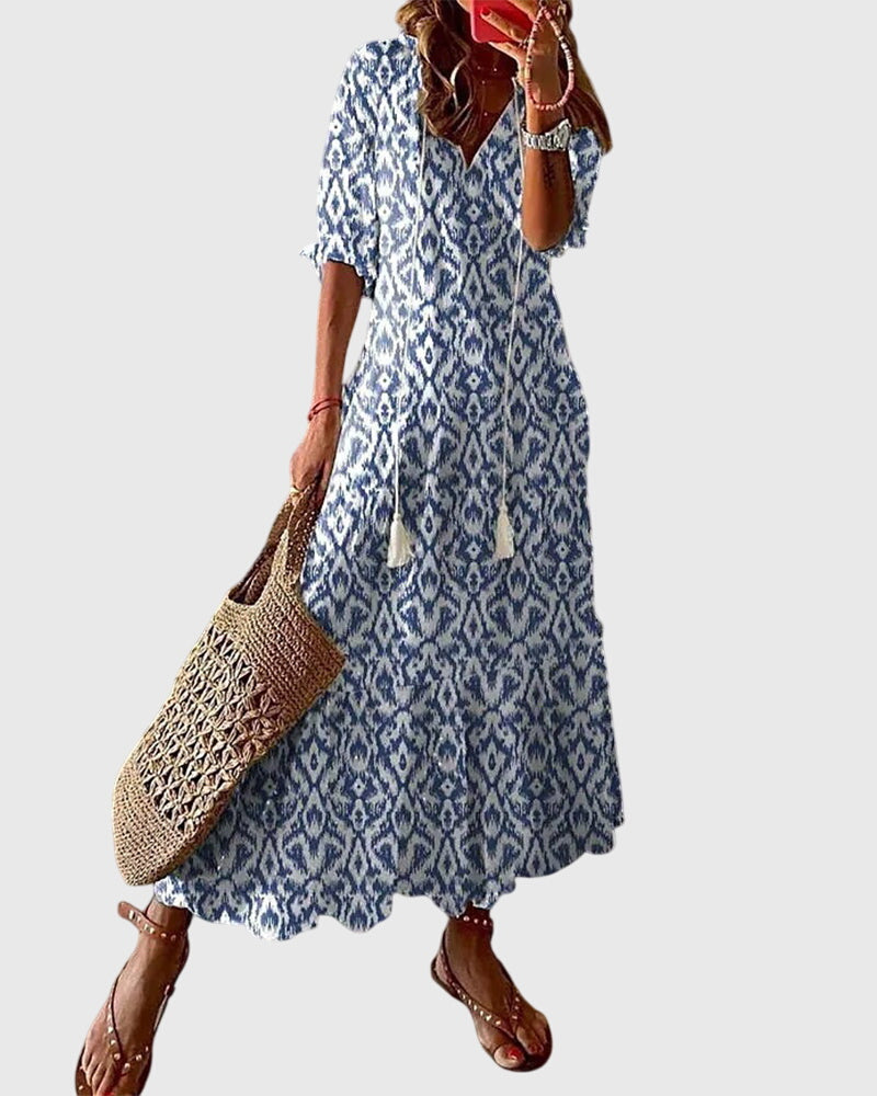 Women's Printed V-Neck Long Dress