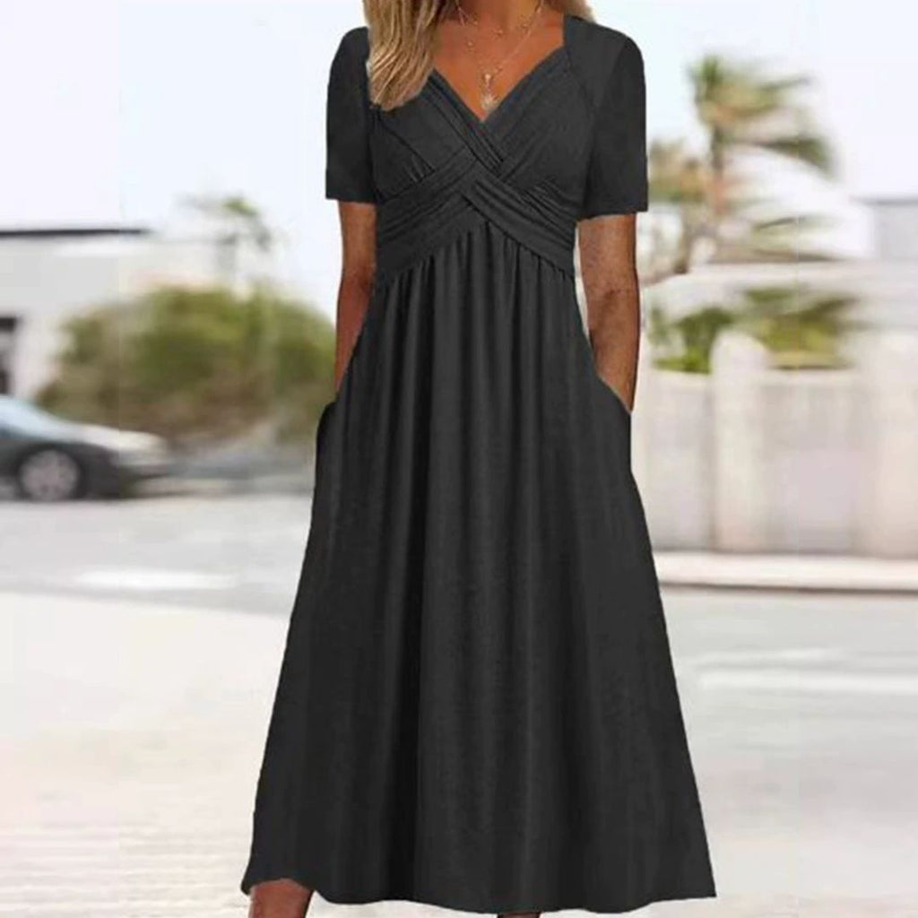 Maxi Dress with Short Sleeves for Women with V-Neck and Pockets