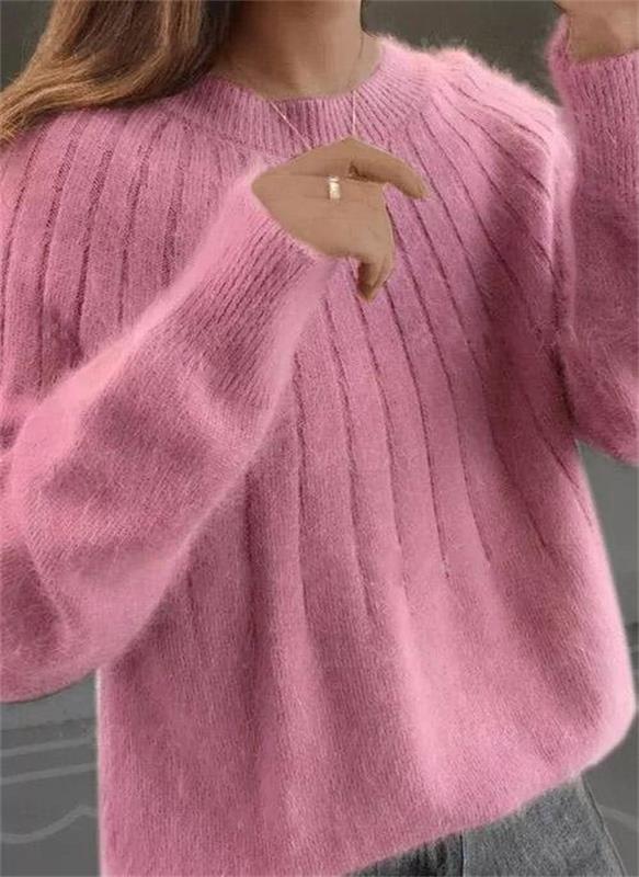 Long Sleeve Relaxed Fit Ribbed Knit Crew Neck Sweater for Women