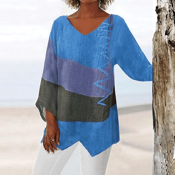 Textured Long Sleeve Top for Women with V-Neck and Asymmetrical Hem