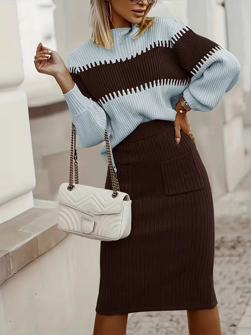 High Waisted Midi Skirt and Oversized Sweater Ribbed Knit Set for Women