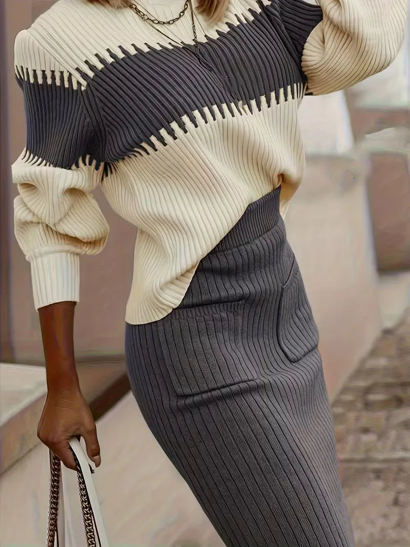 High Waisted Midi Skirt and Oversized Sweater Ribbed Knit Set for Women