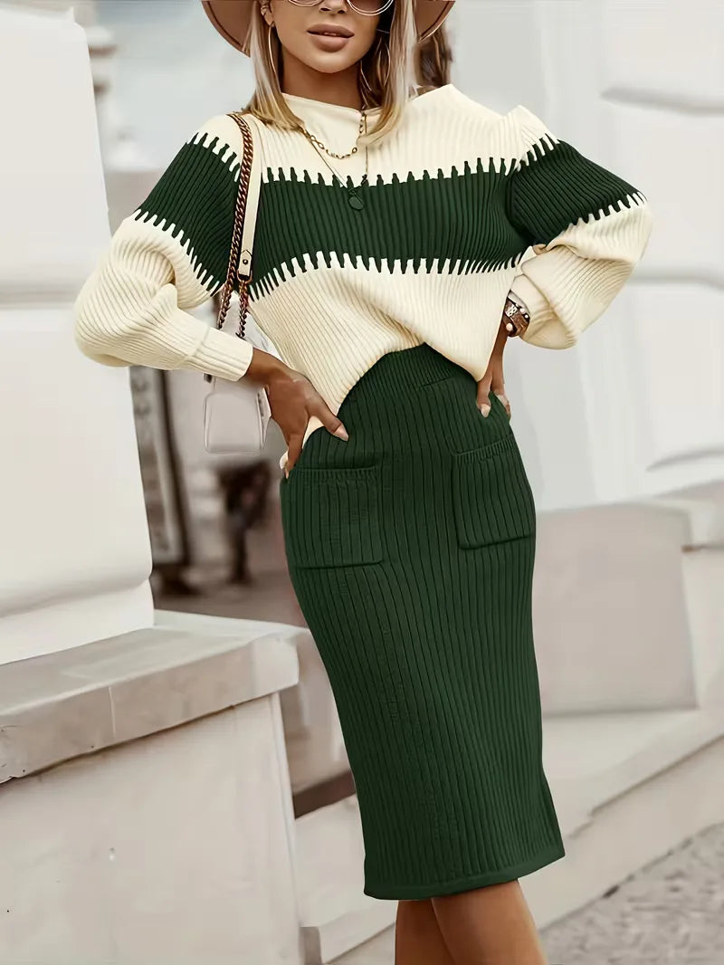 High Waisted Midi Skirt and Oversized Sweater Ribbed Knit Set for Women