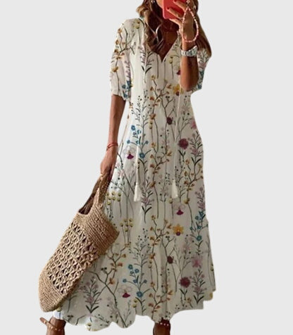 Women's Printed V-Neck Long Dress
