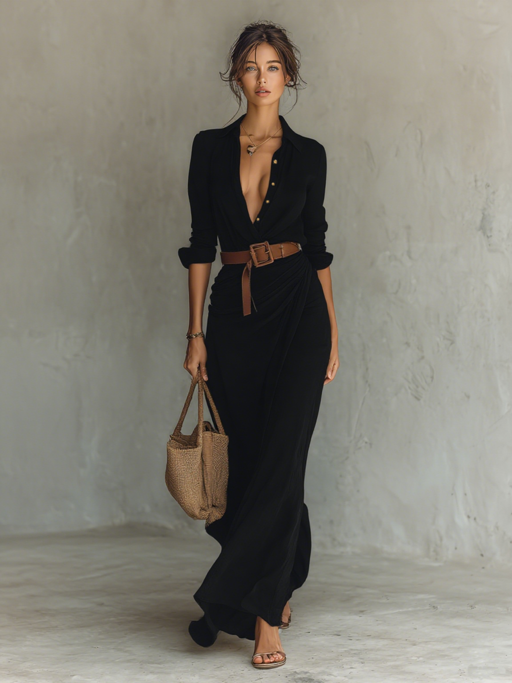 Maxi Dress with Belt and V-Neck for Women