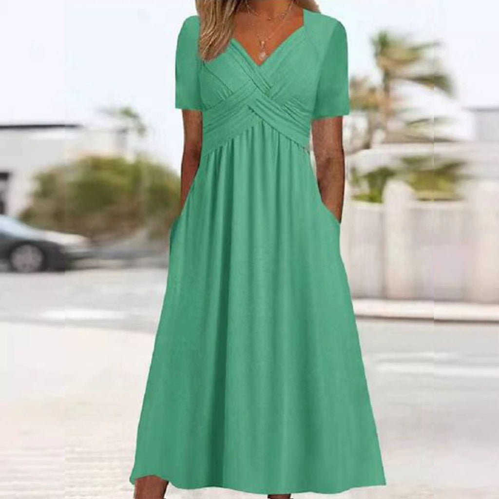 Maxi Dress with Short Sleeves for Women with V-Neck and Pockets