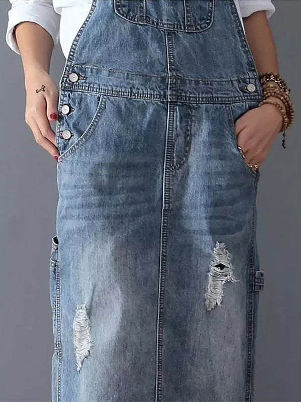 Denim Dress with Straps and Distressed Details for Women