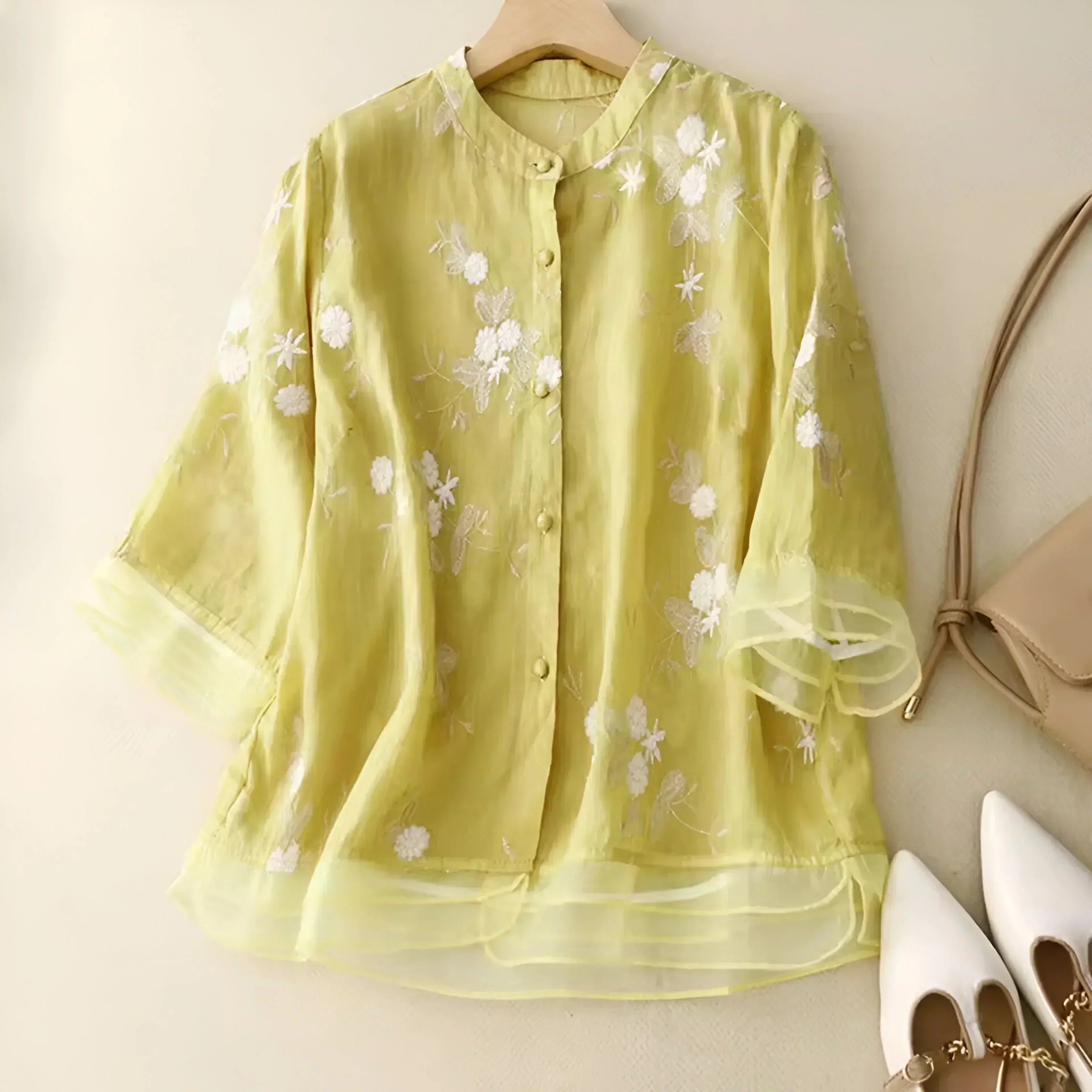 Long Sleeve Blouse for Women with Embroidery and Layered Hem